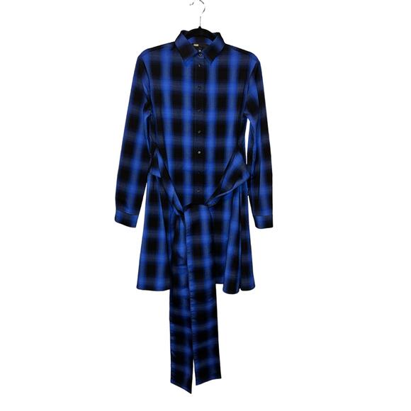 Maje Ruly Preppy Academia Blue Black Checkered Plaid Front Waist Tie Shirt Dress